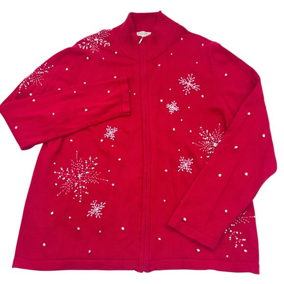 Norm Thompson Womens VTG Red Christmas Snowflake Full Zip Sweater Cardigan Sz L - Picture 1 of 14